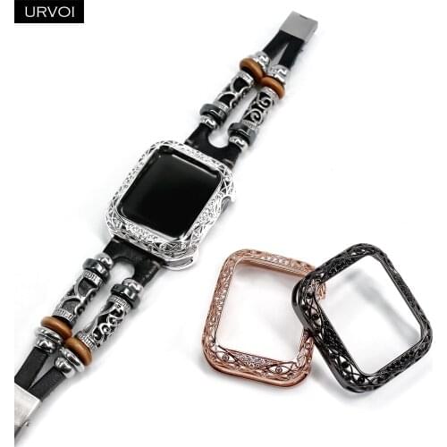 URVOI Carve pattern Cover for Apple Watch series 6 SE 5 4 3 2 1 frame Glitter rhinestone metal bumper protector for iWatch case