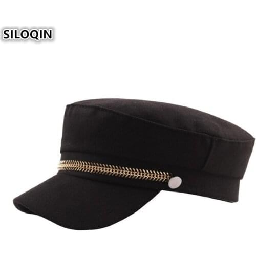 SILOQIN Elegant Retro Flat Cap For Women Autumn Womens Military Hats Golden Chain Decoration Fashion Brands Ladys Winter Hat