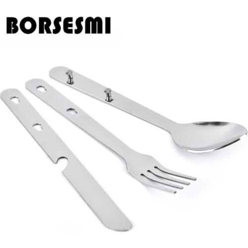Hot sale Stainless steel pocket knife scoop fork multi-function camping cutlery 3 in 1 folding picnic tableware