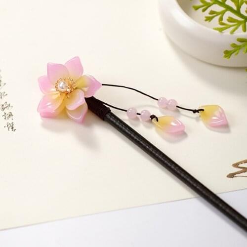 Chinese Hanfu Dress Hairpins Clips Hair Stick Flower Pearls Long Tassels Wooden Hair Fork Step Shake Headpieces for Wedding