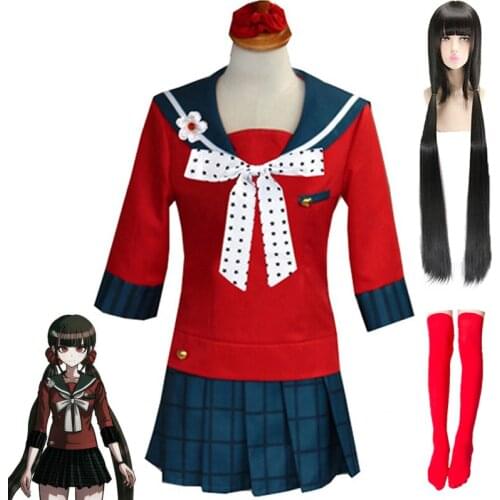 Halloween Danganronpa Harukawa Maki Cosplay costume Including Headwear Red Long Socks High School Girl Student Uniform Skirt
