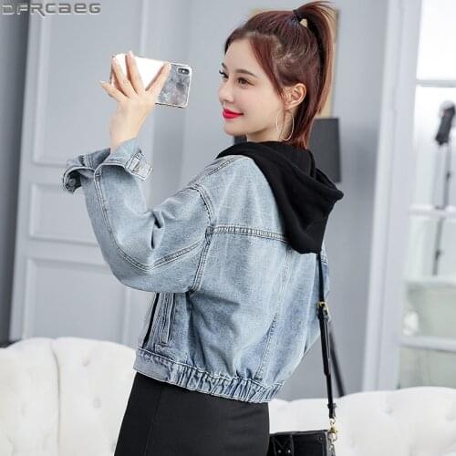 Casual Autumn Spring Patchwork Jeans Jacket Women Spliced Hooded Ladies Denim Jackets Long Sleeve Coats Female Slim Outerwear