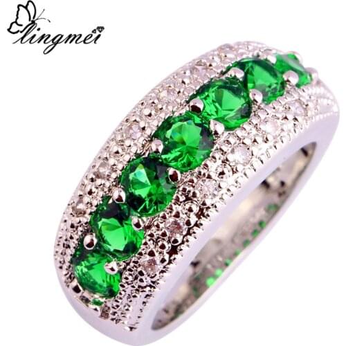 Lingmei Generous Fashion GreenWhite Cubic Zirconia Silver Color Ring Engagement Perfect Jewelry For Women Full Size Wholesale
