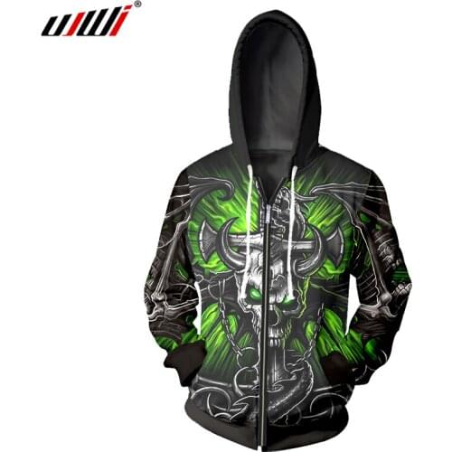 UJWI Cool Men Hoody Hoodies Dragon Around Sword Skull Zipper Sportswear Funny Hip Hop Tracksuits Casual Novelty Harajuku Styles