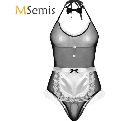 Lingerie Maid Costume for Sexy Mens Cosplay Erotic Role Play Mesh Lingerie Suit Backless Lace Trim Bodysuit with Apron Bow Tie