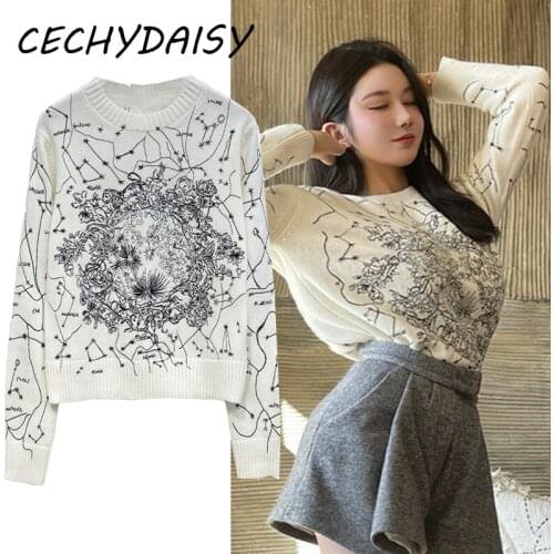 2021 New Fashion Women Sweater Pullovers O-Neck Loose Casual Long Sleeve Embroidery Constellation Knitted Pullovers Za Traf Tops