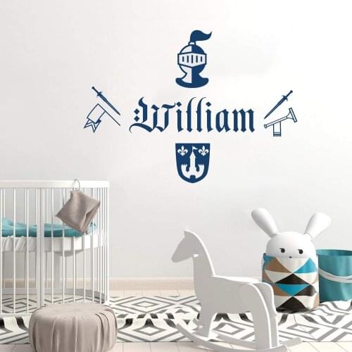 Personalised Name Boys Wall Art Sticker Knight Sword Armour Trum Removable Bedroom Decoration Art Mural Decals Kids Room ov36