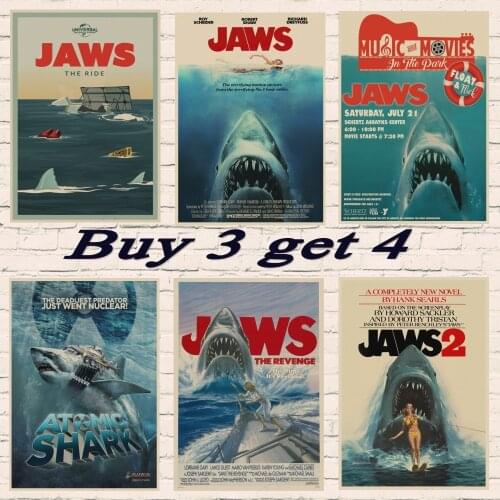 JAWS Poster Shark Classic Horror Movie travel Poster and Prints kraft Painting Wall Art Picture for Living Room Home Decoration