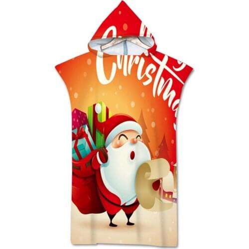Merry Christmas Hooded Beach Towel Microfiber Santa Claus Changing Robe Poncho Surf Towel for Swimming Outdooor Bathrobe Wetsuit