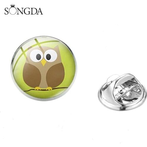 Cartoon Owl Pattern Alloy Clasp Pins Badges for Women Girls Cute Big Eye Birds Glass Time Gem Round Brooches Dropshipping