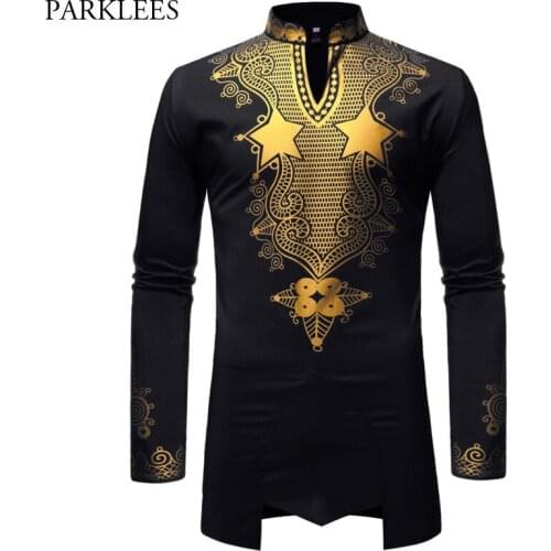 Longline Black African Dashiki Print Shirt Men 2019 Brand New Long Sleeve Men Shirt Streetwear Casual Shirts Man African Clothes