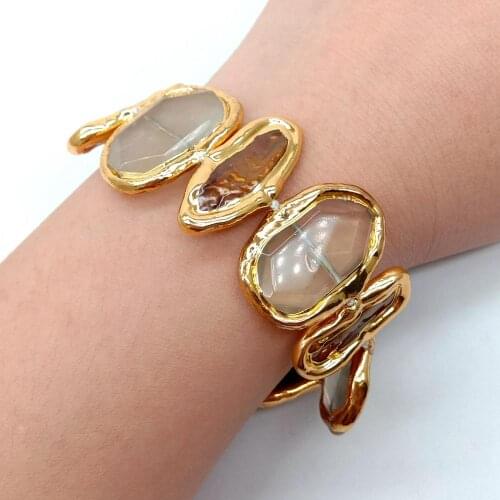 YYGEM natural Lemon Quartz Faceted Rectangle Cultured Brown Biwa Freshwater Pearl Edge strand Bracelet 8.5" for women