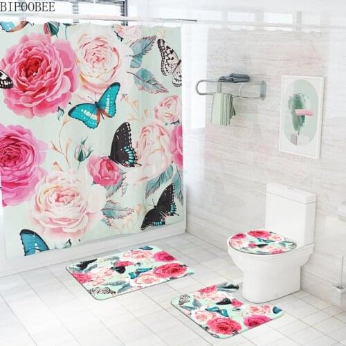 Butterfly Rose Flower Print Shower Curtain 3D Frabic Bathroom Curtains Bath Mat Set Non-Slip Pedestal Rug Toilet Lid Cover