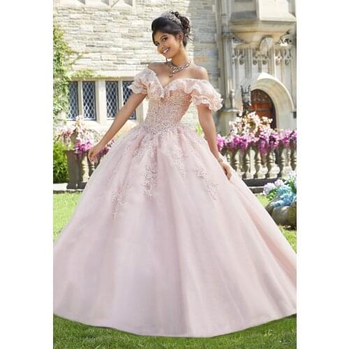 Pearl Pink Cheap Quinceanera Dresses Ball Gown Off The Shoulder With Ruffles Tulle Appliques Beaded Puffy Sweet 16 Dresses
