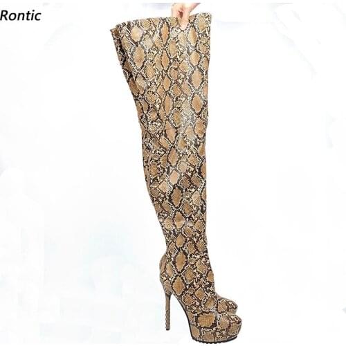 Rontic Women Winter Platform Thigh Boots Unisex Snake Pattern Sexy Stiletto Heels Round Toe Nice Brown Party Shoes US Size 5-20
