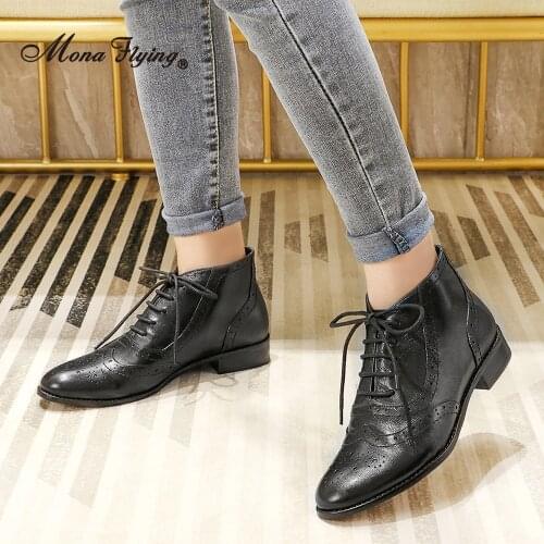 Mona Flying Women Genuine Leather Brogue Ankle Heels Boots Classic Fashion Comfortable Female Shoes For Ladies 2020 New 068-18
