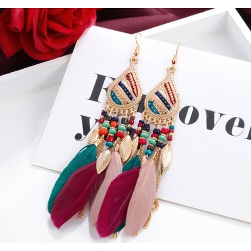 Handmade Colorful Long Tassel Earrings Bohemian Black Red Pink White Feather Seed Beads Dangle Drop Earrings For Women Jewelry