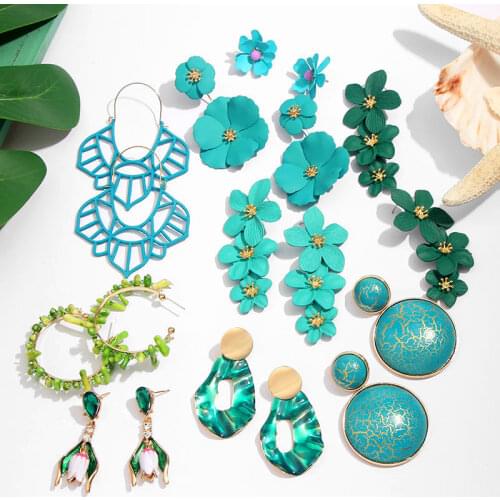 Flatfoosie Trendy Green Metal Flower Drop Earrings For Women Bohemian Geometric Round Resin Statement Earrings 2019 Jewelry Gift