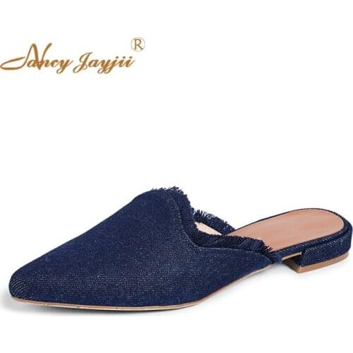 Denim Blue Woman Slides Slippers Ladied Shoes Low Heels Autumn Sexy Fashion Classic Outside Chunky Spring Solid Dress Casual