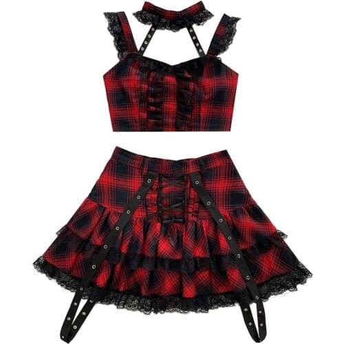 Harajuku Punk hot girls Red Mini Plaid Skirt set 2020 new woman Lace-up Waist japanese Kawaii Sweet pleated Mini cake Skirt suit