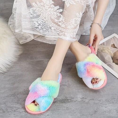 Winter Women House Slippers Cross Faux Fur Ins Fashion Warm Shoes New Indoor Warm Cotton Slippers Thickened Leak-Toe Fur Slides