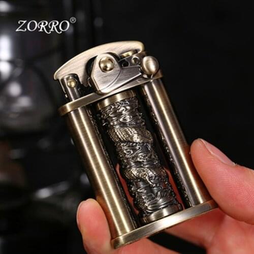 Zorro Brass Kerosene Windproof Lighter Creative Decompression Oil Lighter Dragon Pillar Rocker Ignition Lighter Collection Gift