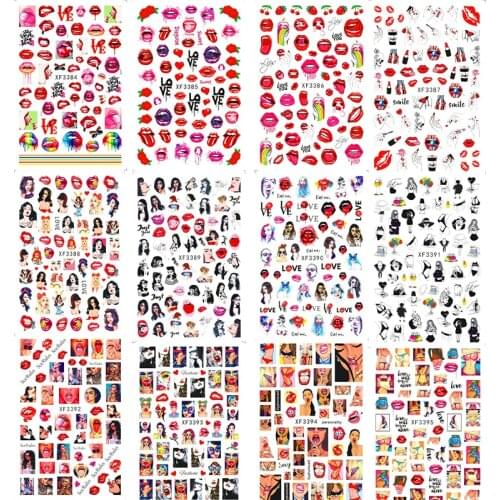 12Pcs/Sheet Nail Art Sticker Valentines Love Kiss Red Lips Stickers For Nails Adhesive Sliders Cool Lady Stickers #MT