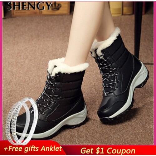 2019 Winter Snow Boots Women Winter Short Plush Shoes Slip on Platform Casual Shoes Wedges Outdoor Waterproof Mid Leather Boots