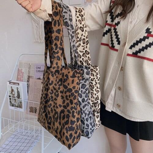 2021new Corduroy Leopard Print Bag Ladies Shoulder Casual Tote Shopping Bag Large Capacity Handbags Totes Women
