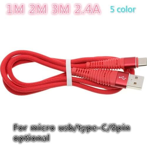 50pcs 1M 2M 3M 2.4A type-C 8pin Cable fast Charger Cable micro USB/typeC/8 PIN Charging Cable Data Nylon Braid Cables For iphone