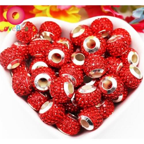 50Pcs Red Color Rhinestone Round Spacer European Large Hole Beads Fit for Bracelet Making DIY Jewelry European Pandora Charms