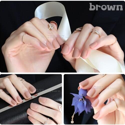 Pure colour Frosted fake nail brown Short Square head Artificial nail Fashion Full Nail Noble Matte False nails Khaki 24pcs