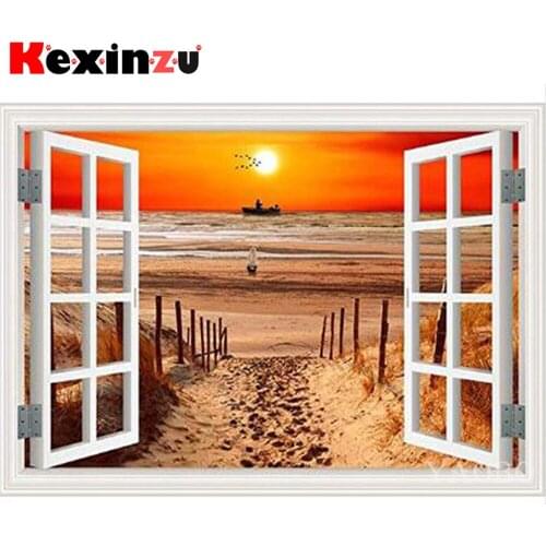 Kexinzu Full 5D DIY Square/Round Diamond Painting" Window Sun Scenery" 3D Embroidery Cross Stitch Mosaic diamondpainting Gift