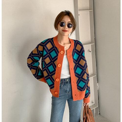 Korobov Korean O Neck Long Sleeve Women Cardigans New Single Breasted Hit Color Plaid Sweater OL Elegant Outwear Crop Cardigan