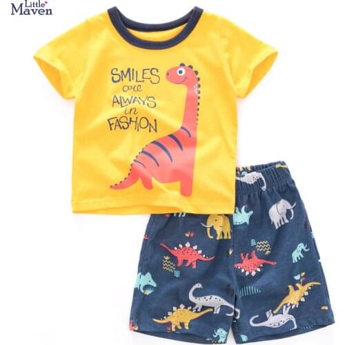 Little Maven Brand Children 2021 Summer Baby Boys Clothes Toddler Cotton Set Letter T Shirt + Dinosaur Shorts for Kids 2-7 Years