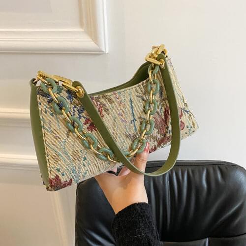 Fashion Women Oil Painting Printed Shoulder Underarm Bag Casual Ladies Thick Chian Small Purse Handbags