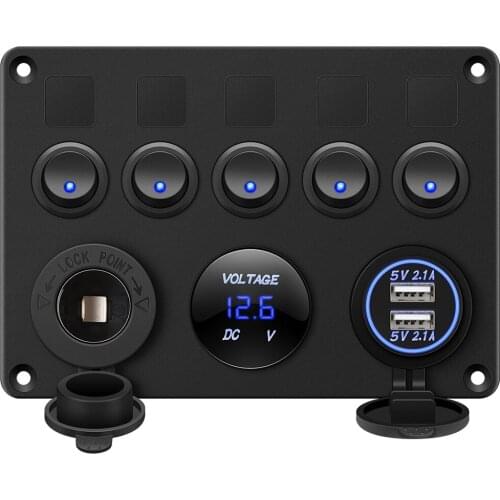 Switch Panel 12V/24V with Digital Voltmeter Blue LED Equipped with Cigarette Lighter Socket and Dual USB Port for RV Car Boat