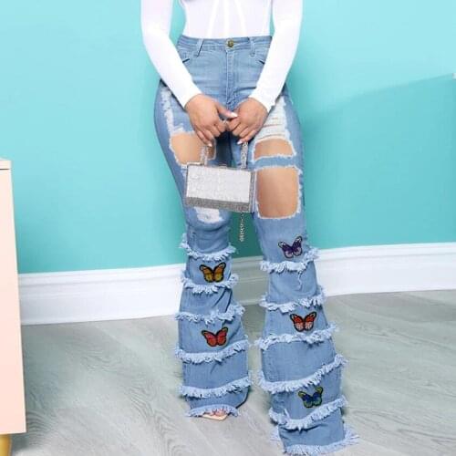 Sexy Hollow Out Ripped Skinny Jeans Woman 2021 Fashion Butterfly Embroidery High Waist BellBottom Jeans Women Tassel Flare Pants