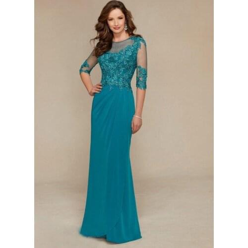 Floor Length Mother Of the Bride Dresses 3/4 Long Sleeve Lace Beaded Wedding Guest Dresses Jewel Neck Evening Gowns فساتين السه
