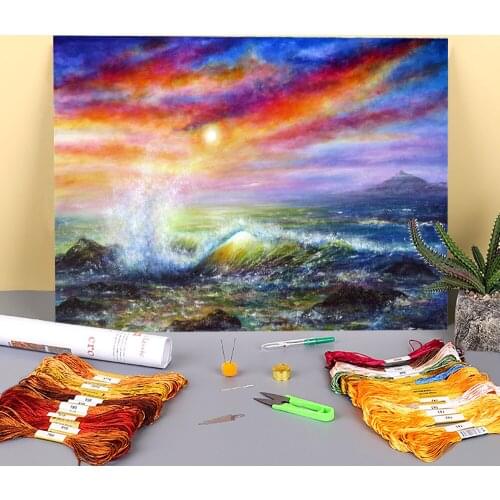 Natural Scenery Sunset Sea Printed Water-Soluble Canvas 11CT Cross Stitch DIY Embroidery Complete Kit DMC Threads Magic