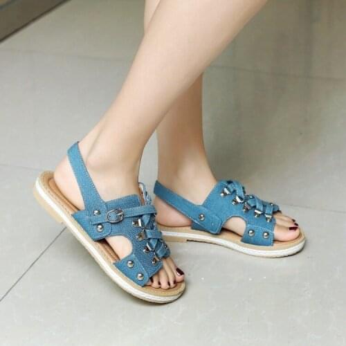 PXELENA 2018 Summer Newest Denim Sandals Low Heels Women Jeans Rivet Square Low Heels Casual Comfort Sandals Girls Shoes Blue