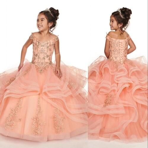 Pink Ball Gown 2021 Flowers Girls Dress Fluffy Skirt Tulle Kids Prom Gowns Beads Ball Gown Girls Pageant Dress