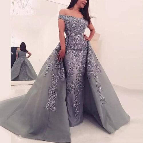 Gray Muslim Evening Dresses Mermaid Off The Shoulder Appliques Beaded Dubai Saudi Arabia Long Prom Dress Gown Robe De Soiree