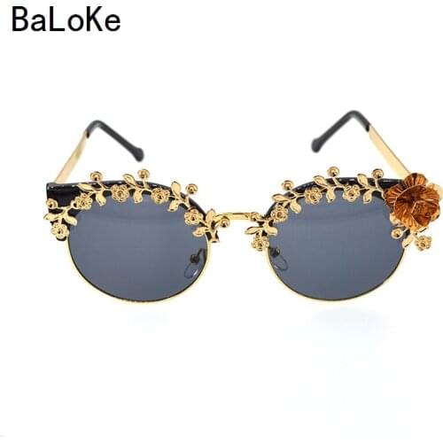 Baroque Steampunk Sunglasses Gold Frame Metal Flower Round Sun Glasses Women Party/Summer Beach Outdoor Decoration