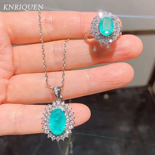 Charms 925 Sterling Silver 7*9mm Paraiba Tourmaline Emerald Lab Diamond Pendant Necklace Rings Wedding Jewelry Sets for Women