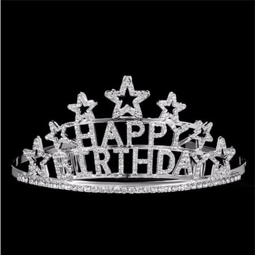 Children Birthday Party Crown Jewelry Happy birthday Letters and Star Design Cute Girls Rhinestone Princess Tiara Accessories
