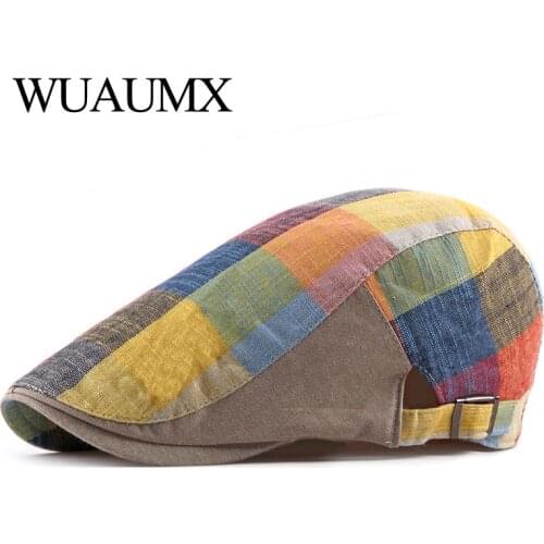 Wuaumx Spring Summer Berets Hats For Women Men Multicolor Plaid Herringbone Caps Duckbill Newsboy Cap Thin Cabbie Ivy Flat Hat