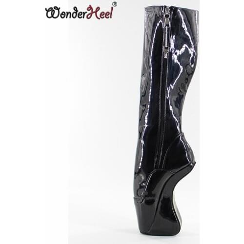 Wonderheel Hot locked zipper 18cm wedges heel Knee high ballet Boots sexy fetish high heel black patent lockable ballet shoes