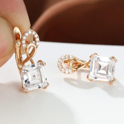 Luxury Geometric Rose Gold Earrings for Women Square Zircon Hollow Clips Earrings Ear Buckle Female Business OL Ear Jewelry Gift