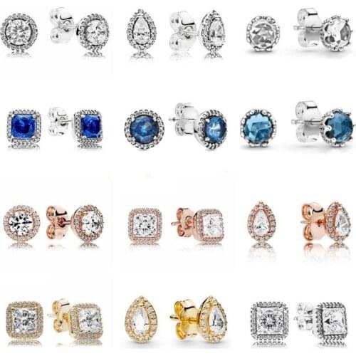 Authentic 925 Sterling Silver Rose Timeless Elegance With Crystal Stud Earring For Women Wedding Gift Fashion Jewelry